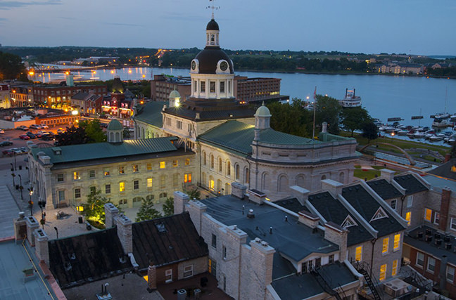 Aerial shot of buildings in downtown Kingston