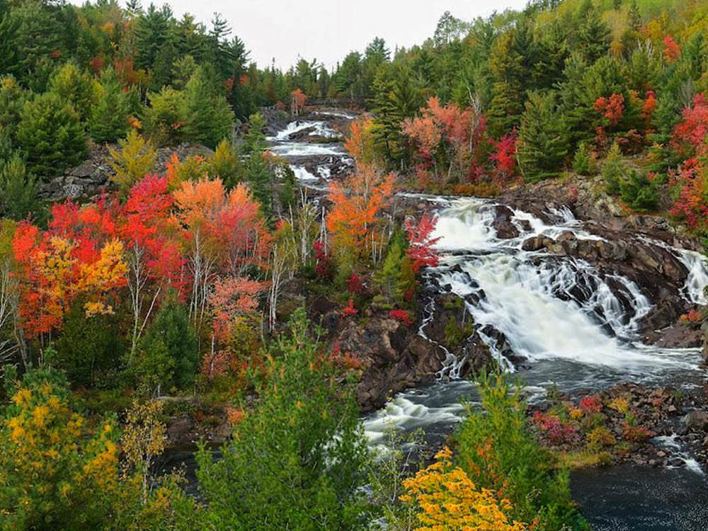 Gorgeous fall colours surround a waterfalls