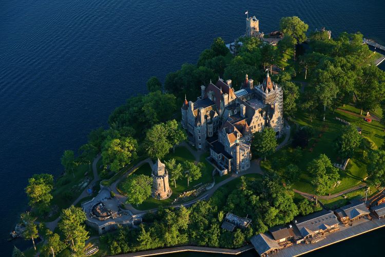 An aerial view of a castle on an island.