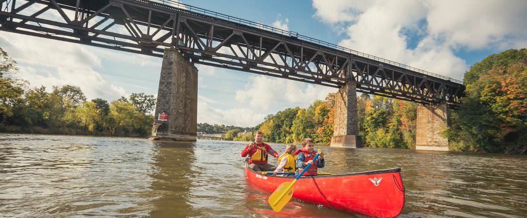 A man and two kids in a canoe, rowing as they passed under a bridge, with trees on either side of the river