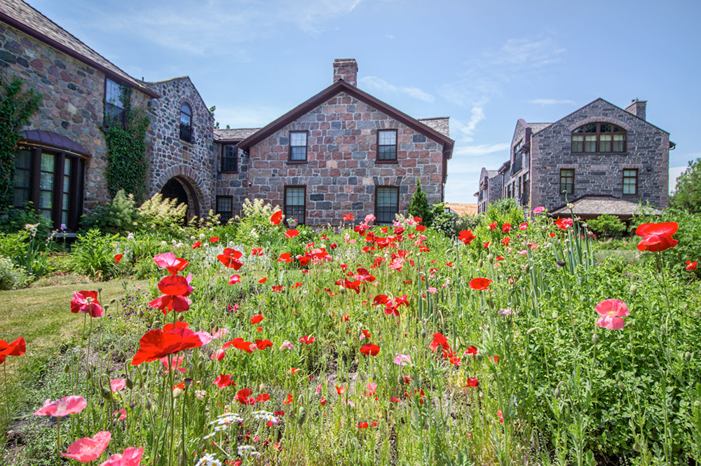 Flowers bloom in the courtyard of Ste. Anne's Spa.