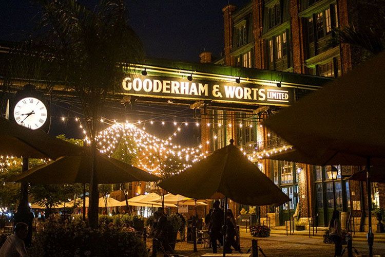 The Gooderham & Worts bridge lit up over the distillery district.