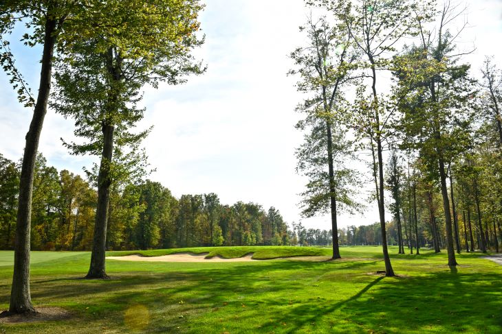 A scenic golf courses with trees.