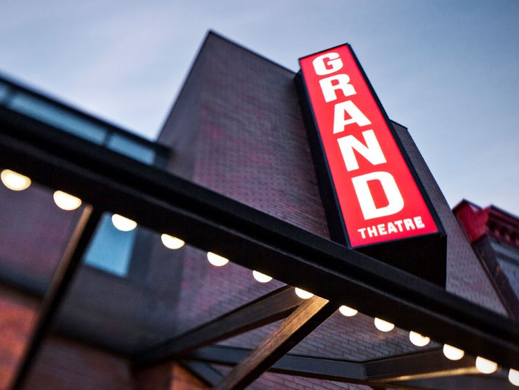 Exterior view of the marquee and sign for the Grand Theatre London.