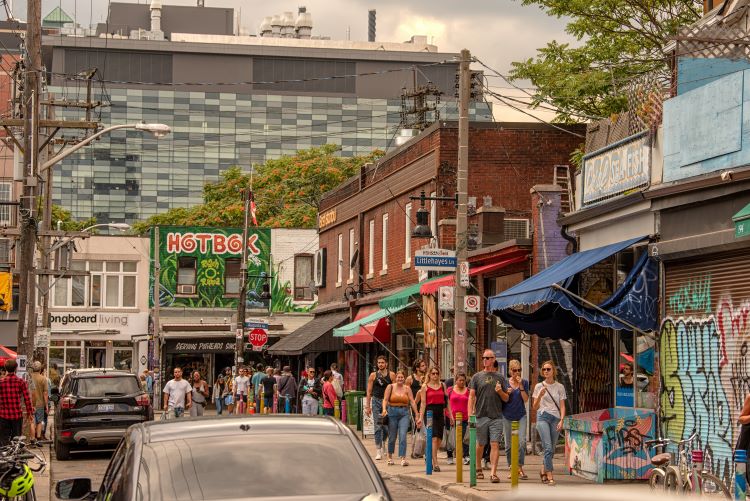 A large group of people walking down a street in Kensington Market.