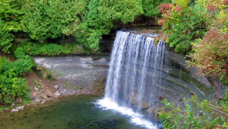 A waterfall surrounded by forest with fall colour.