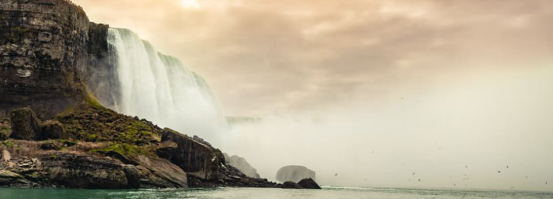 Pinkish sky illuminating the mist over Niagara Falls with a bird soaring.