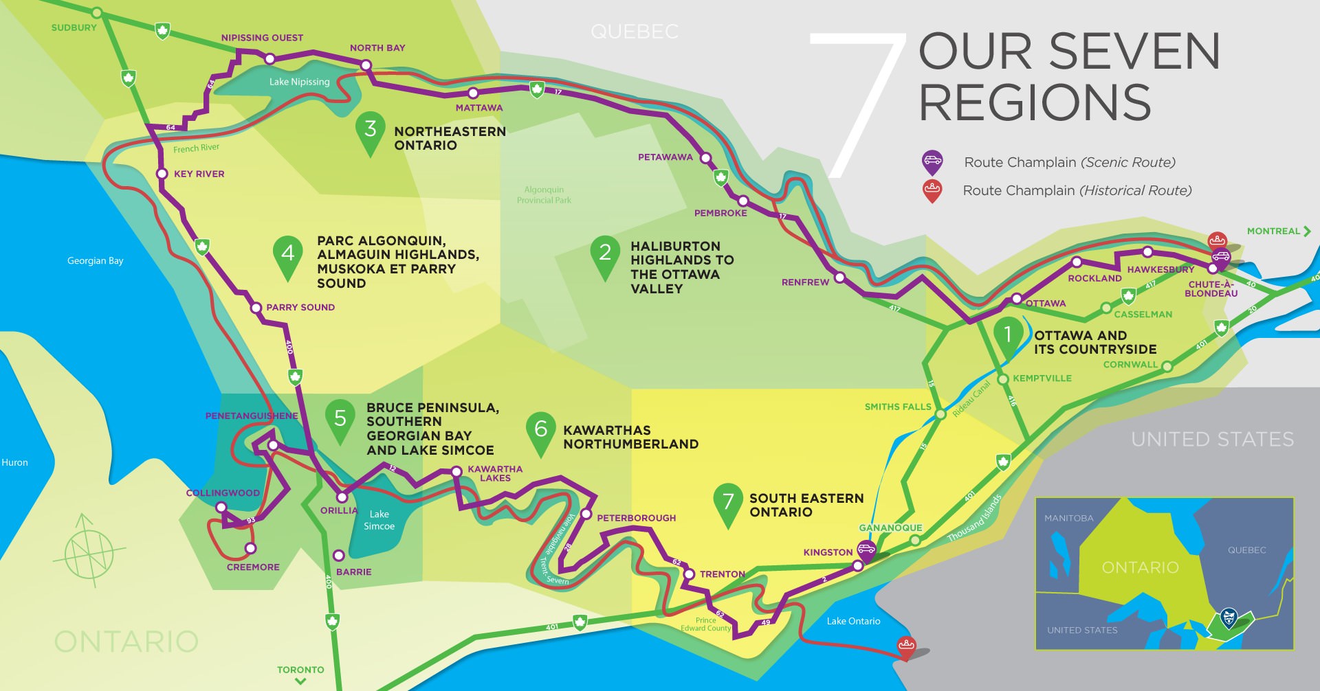 Map of the seven regions covered by the Route Champlain.