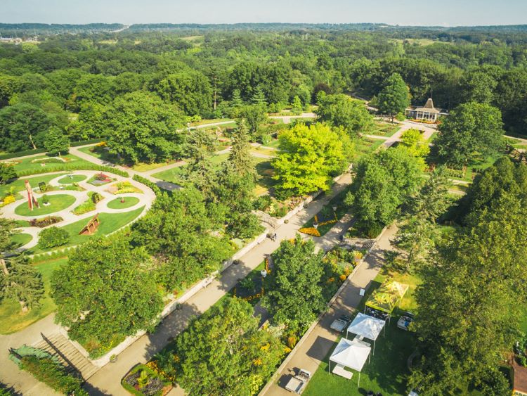 An aerial view of the ornamental gardens and forest at Royal Botanical Gardens.