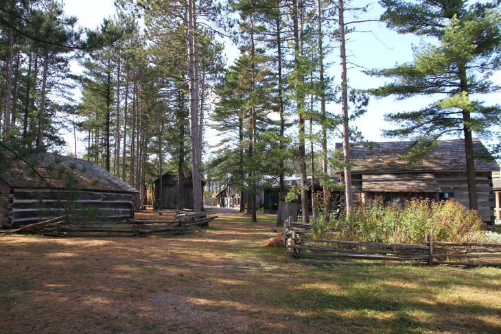 Heritage buildings in a forest.