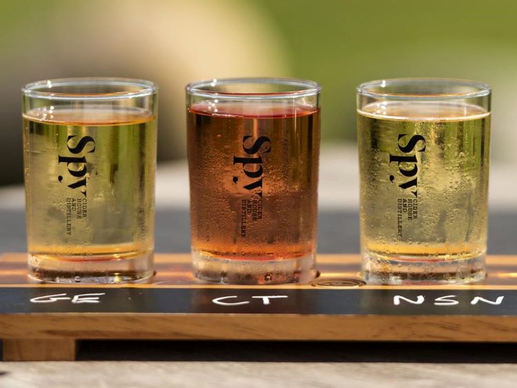 A flight of three glasses of fresh apple cider.