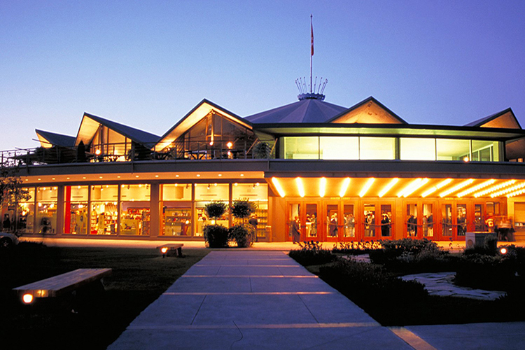 One of the theatre venues at the Stratford Festival is lit up for an evening show.