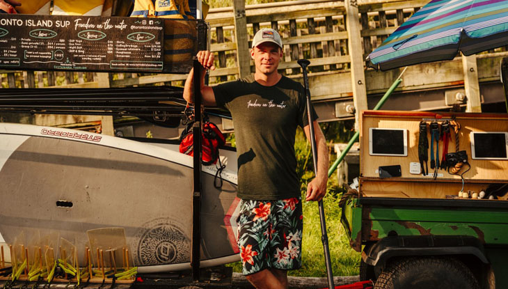 A man stands beside SUP boards holding two paddles.