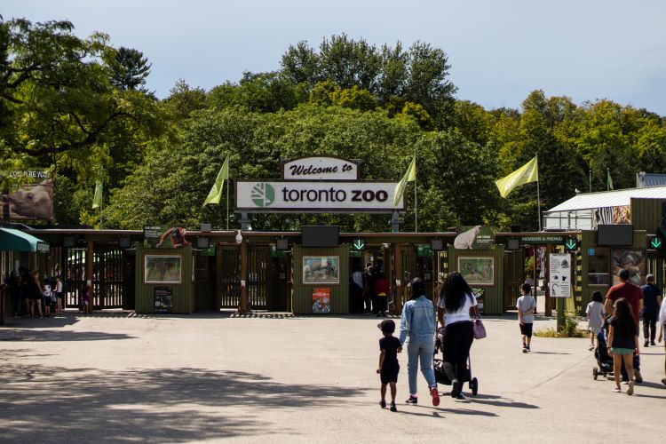 People walk towards the entrance to the Toronto Zoo.