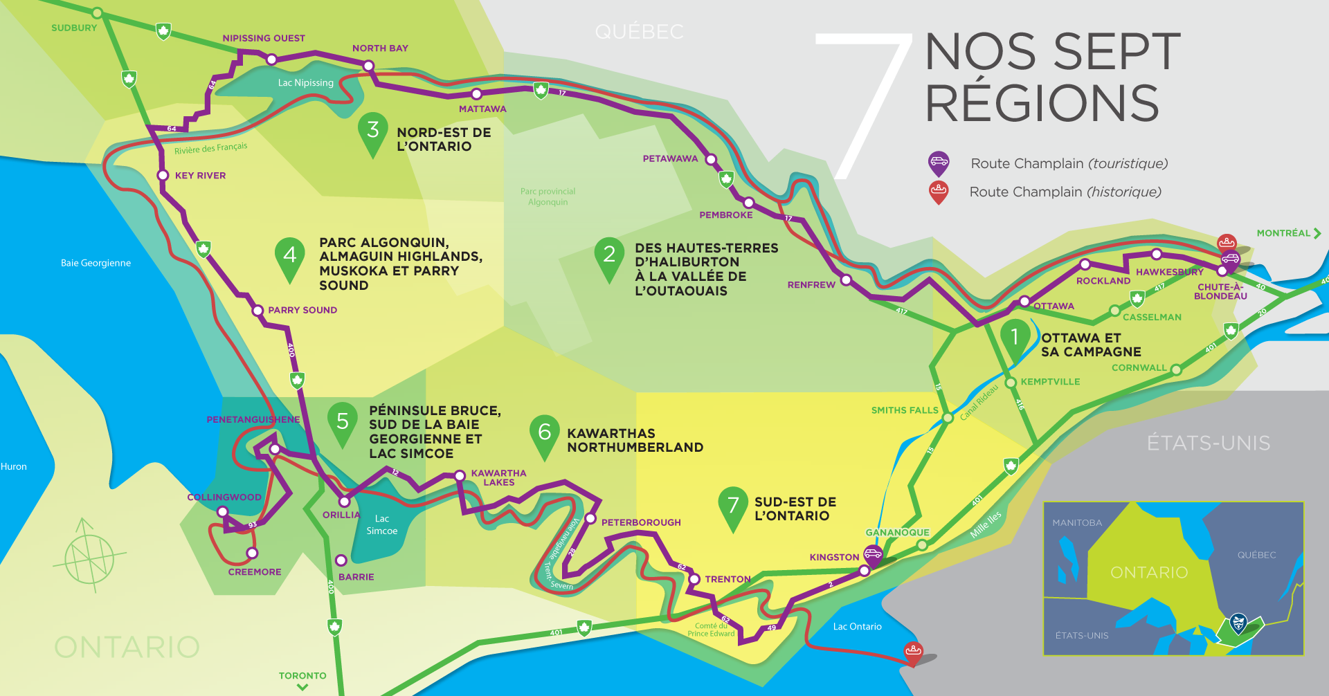 Une carte des sept régions couvertes par la Route Champlain.