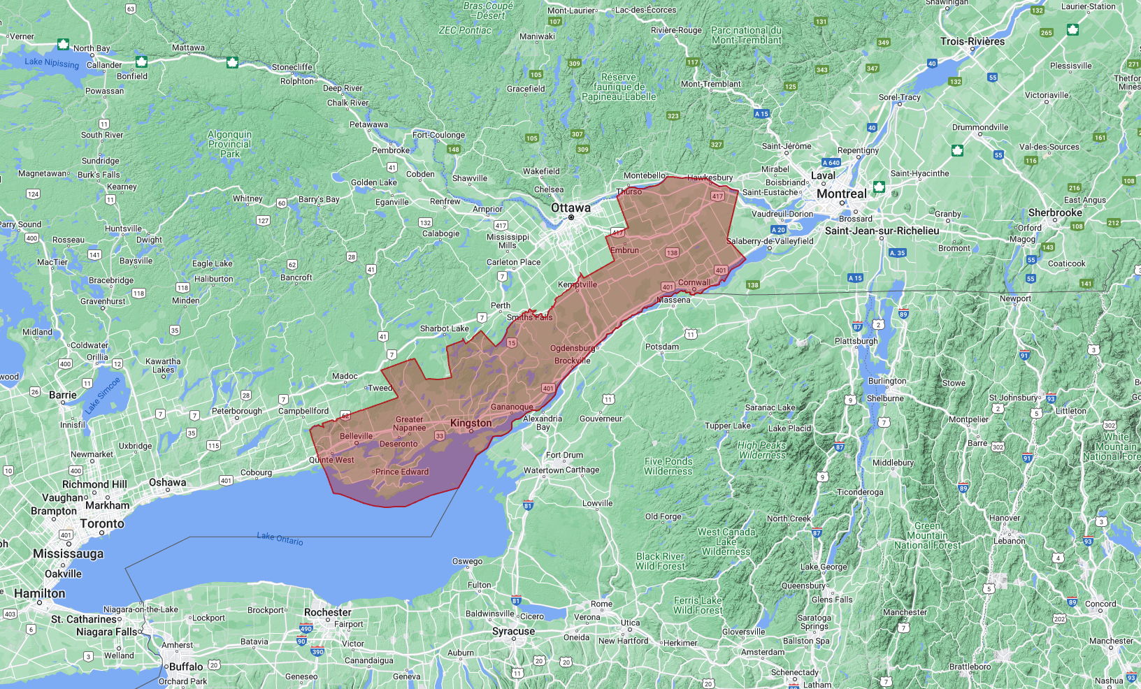 Mapa del sureste de Ontario